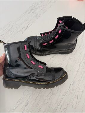 Dr Martens Black Patent Combat Boots with Pink Eyelets
